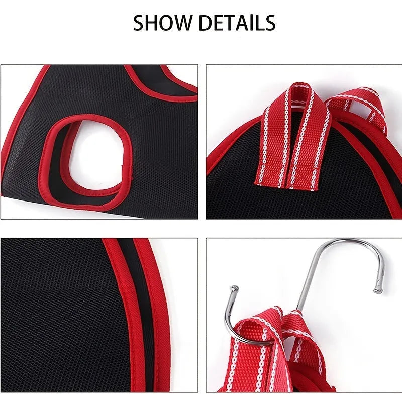 Pet grooming hammock restraint bag hanging from a hook, shown in multiple sizes for cats and dogs.