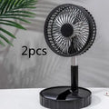 Black portable telescopic folding fan extended to full height showing oscillation function and power bank port