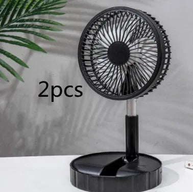 Black portable telescopic folding fan extended to full height showing oscillation function and power bank port
