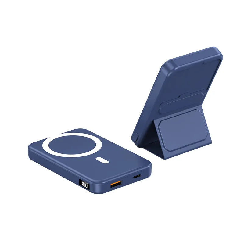 Magnetic wireless charging power bank with folding bracket showing capacity options and colour variations
