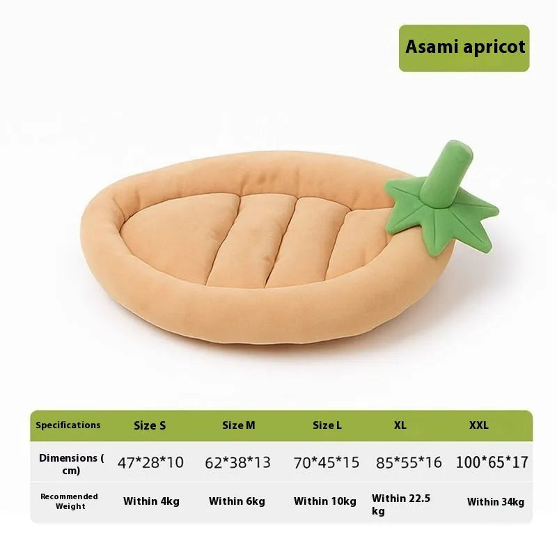 Brown removable washable dog mat on a wooden floor next to a dog crate.