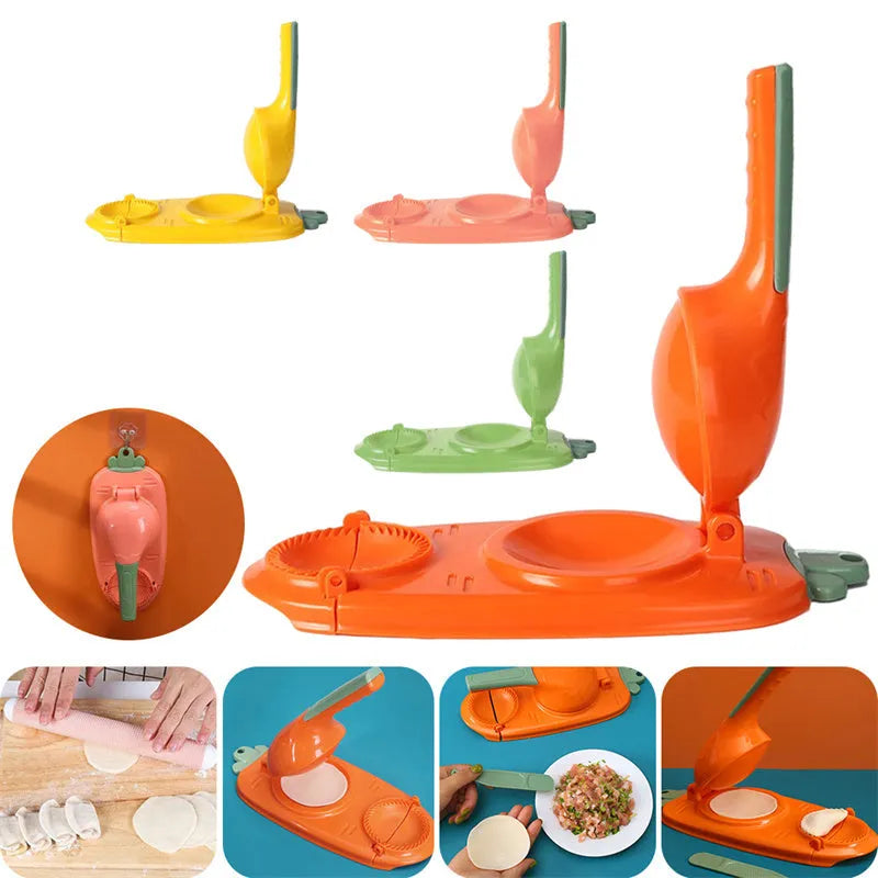 Orange and white manual dumpling skin press tool with ergonomic handle and hanging hole