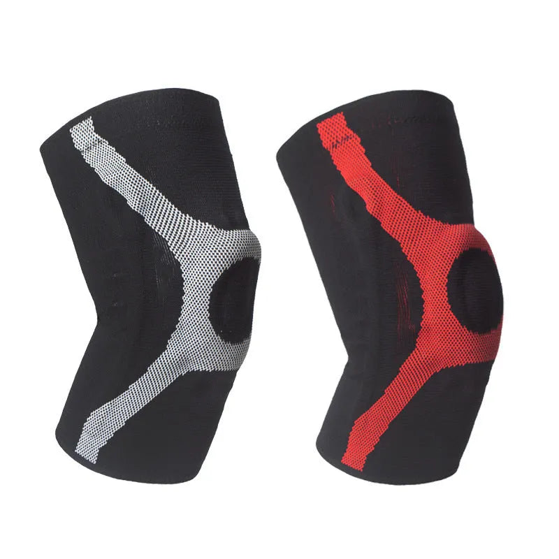 Red and grey knitted sports knee pads with silicone non-slip grip for running and climbing.
