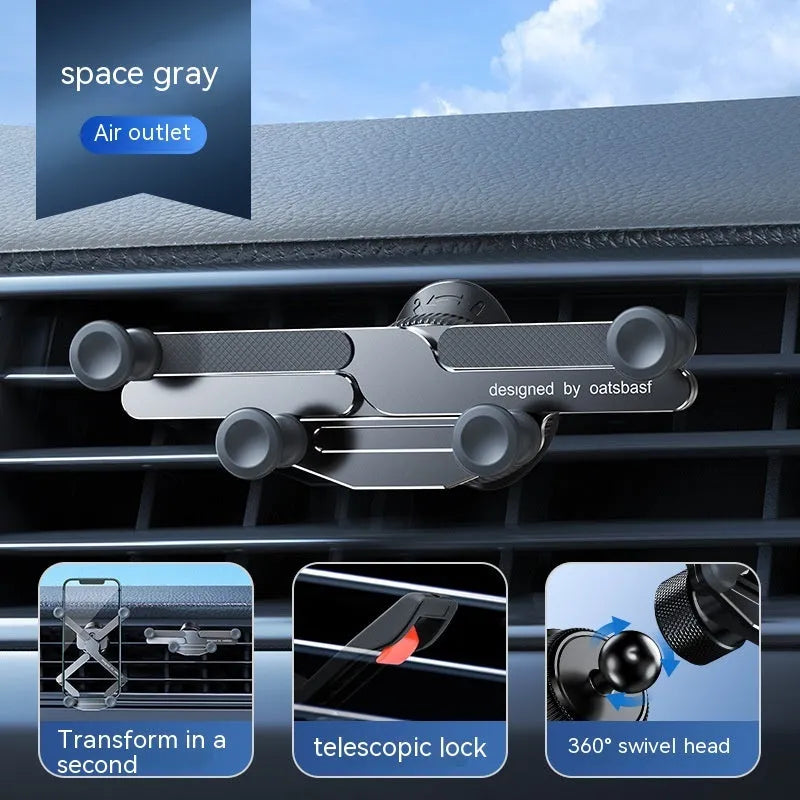 Invisible alloy on-board car phone bracket showing knob air outlet and paste mounting versions in black colour
