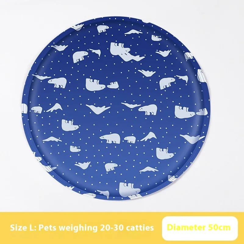 Round pet cooling mat with cartoon animal design showing gel technology for dogs