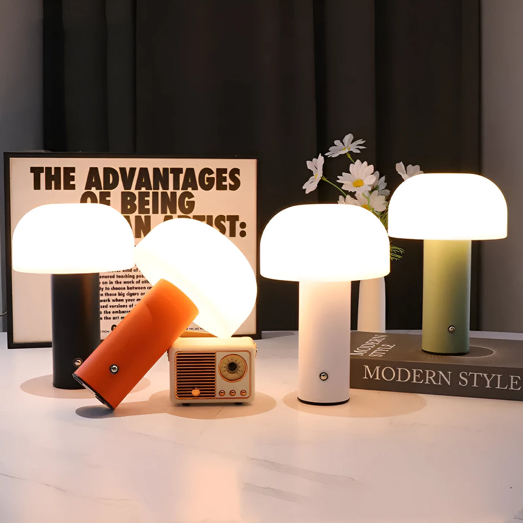 USB-powered decorative atmosphere table lamp in black, green, orange, or white plastic.