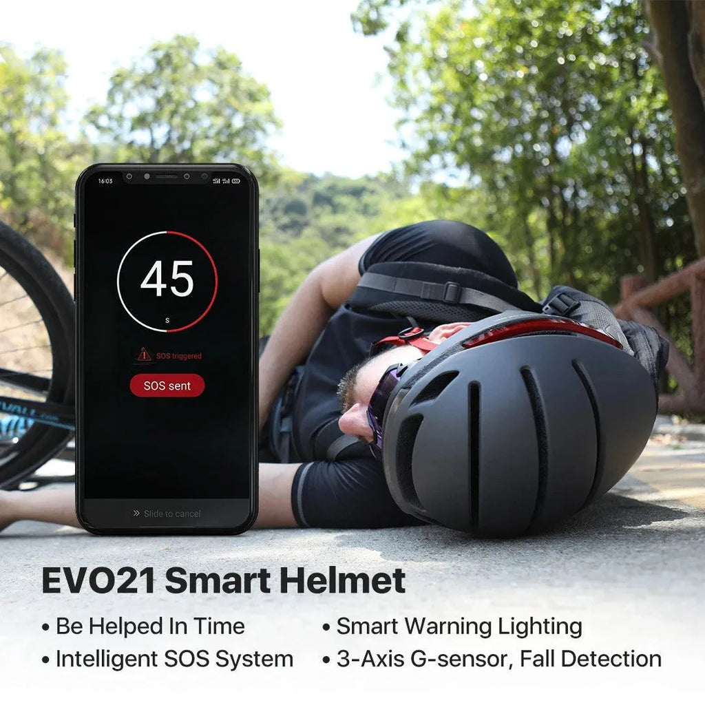 Matte black smart bicycle helmet with integrated LED lights on front and sides for night riding safety.