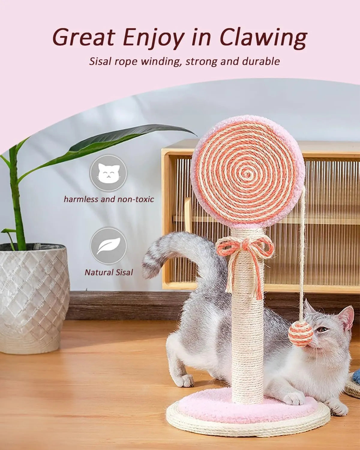 Cat scratching post with hanging ball toy in natural sisal rope on wooden base