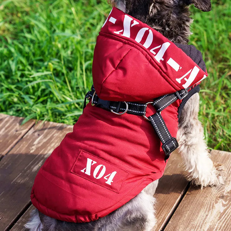 Red fleece-lined waterproof winter dog jacket with hood on medium-sized dog outdoors