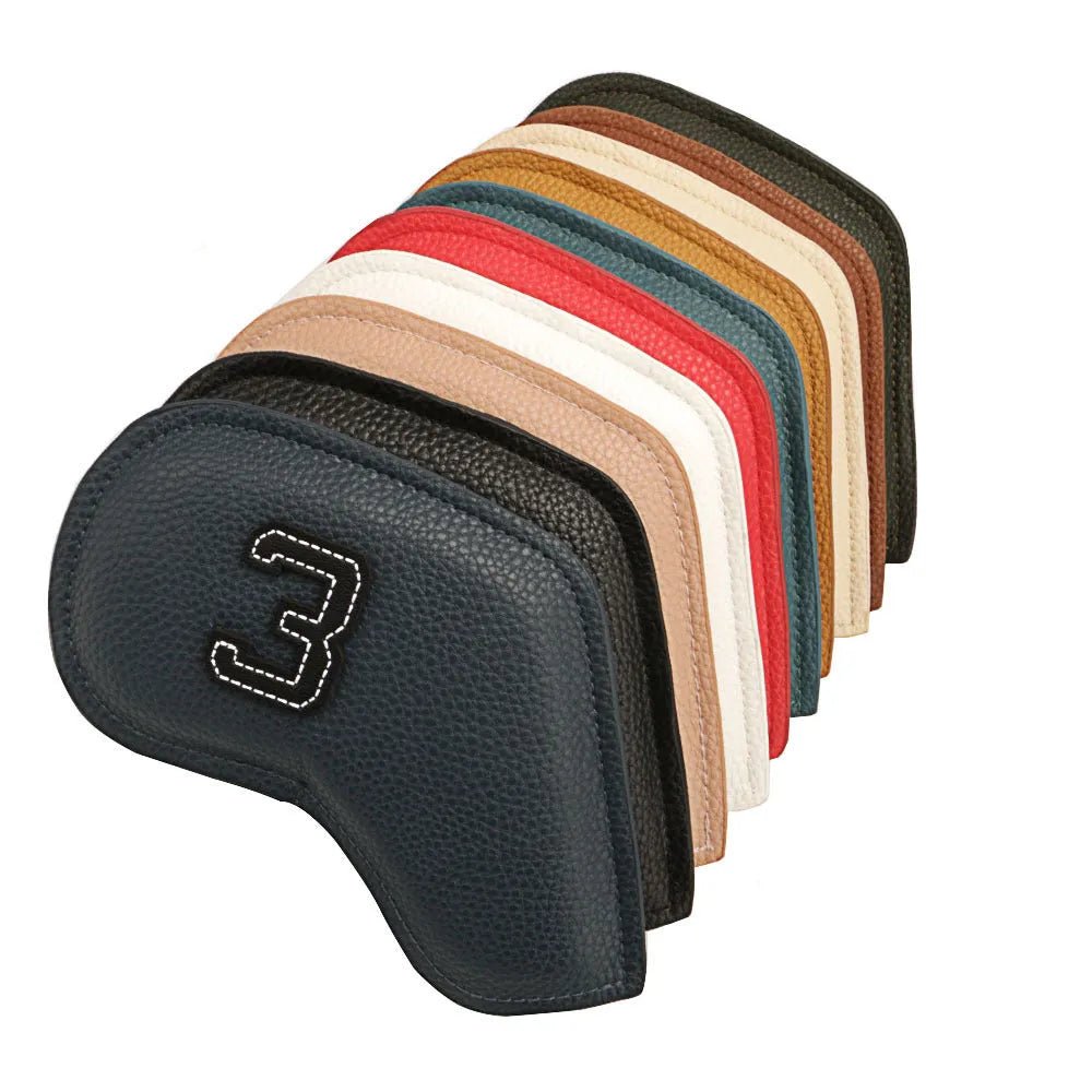 Set of 10 colourful digitally printed PU golf club head covers for woods and irons protection