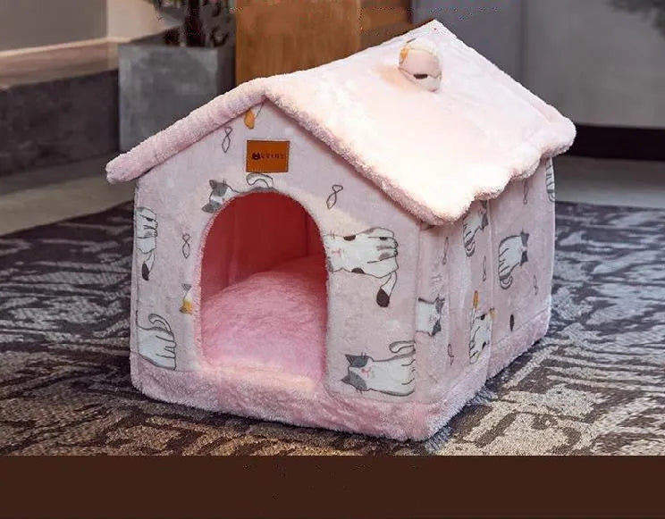 Foldable pet bed with plush fur, enclosed cave shape, removable nest, and durable bottom, in grey star or navy blue carrot.
