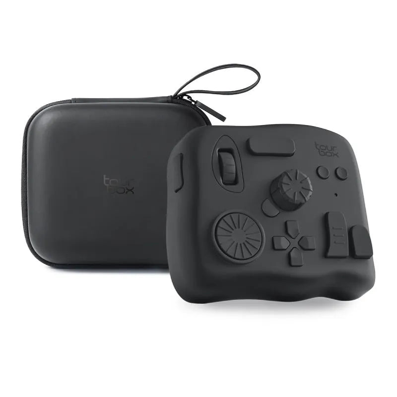 TourBox NEO black video editing controller with dials and buttons on a desk.