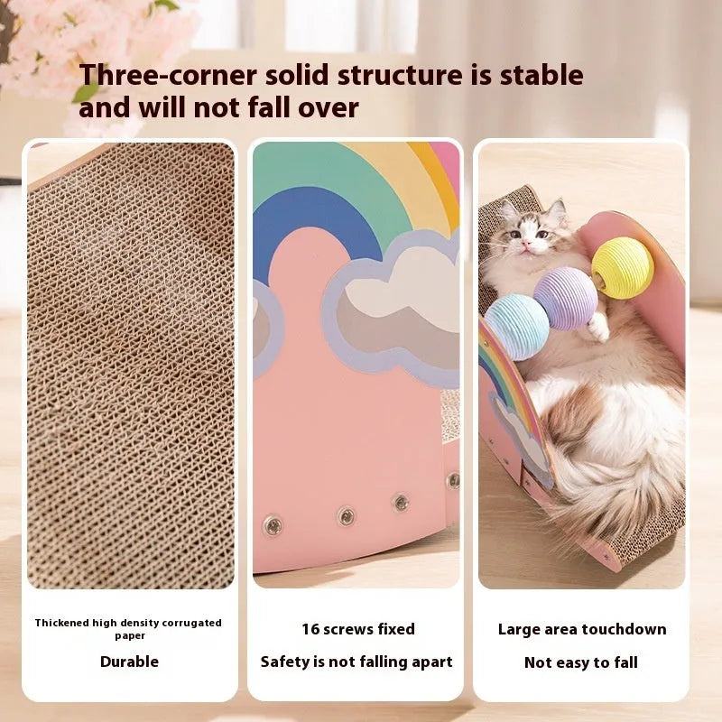 Pink rainbow cat scratch board made of density plate corrugated paper and rope ball for pet claw care