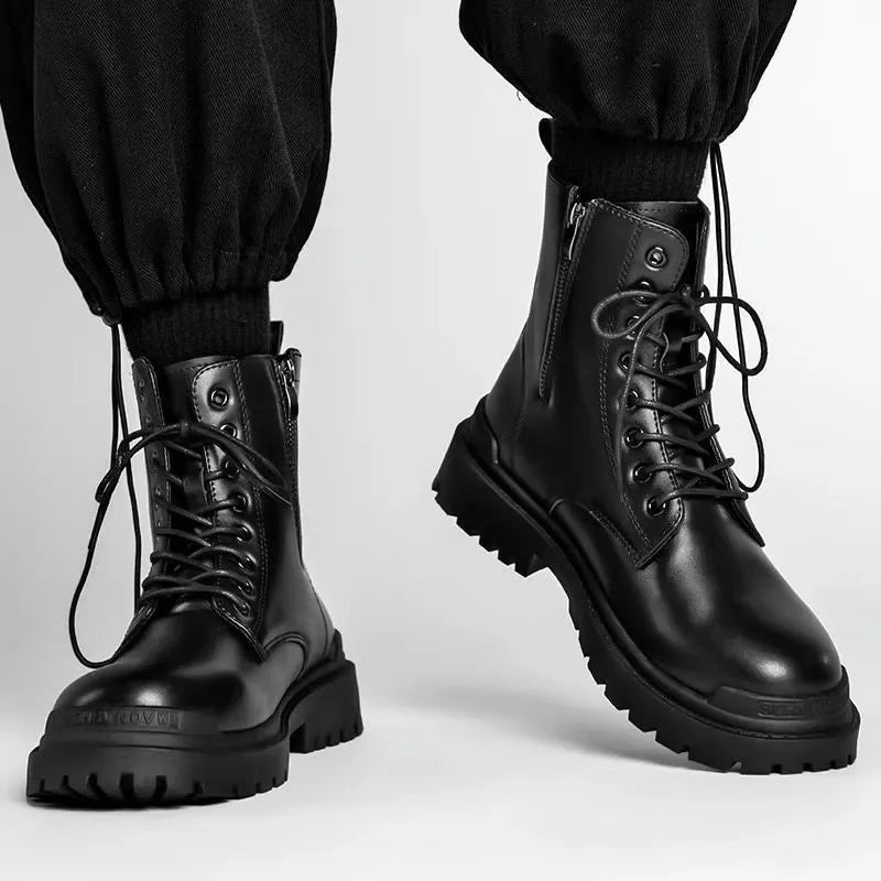 Men's black mid-top leather-look Tide British boots with a flat style and rubber sole.
