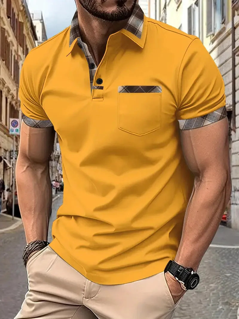 Men's loose fit plaid colourblock short sleeve t-shirt with zipper details on a neutral background.