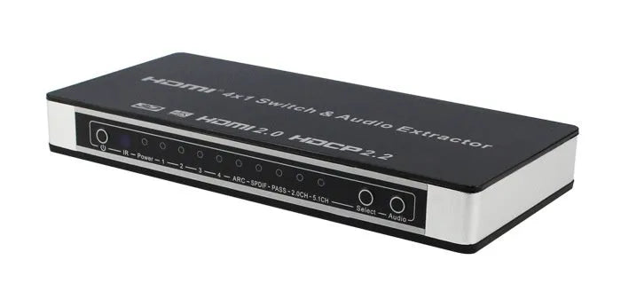 Black HDMI switch with remote control showing four input ports and one output port