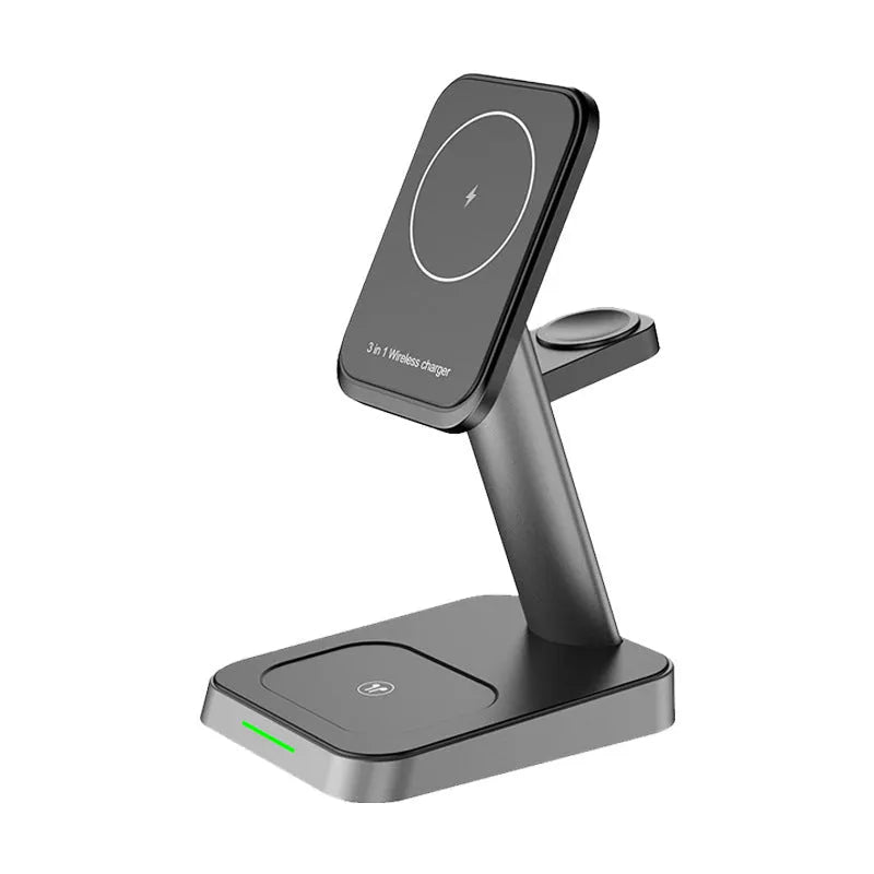 Black cube-shaped wireless charging station with vertical phone slot and multiple charging pads