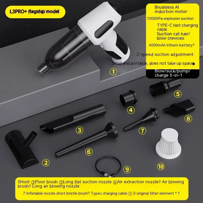 Handheld car vacuum cleaner with nozzle attachments in black, white, or grey colours