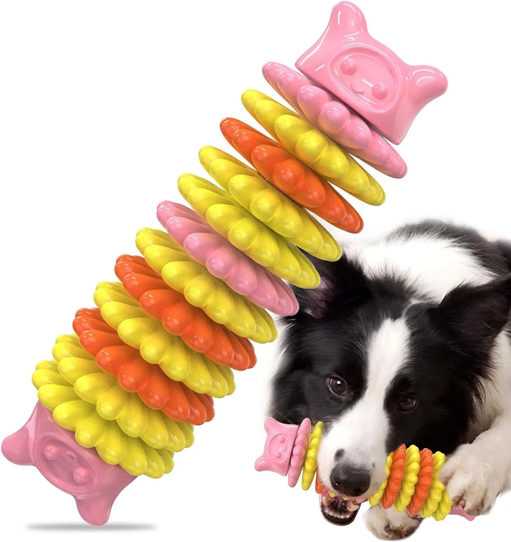 Blue green pink rubber caterpillar shape dog chew toy for aggressive chewers on a white background.