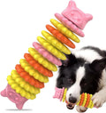 Blue green pink rubber caterpillar shape dog chew toy for aggressive chewers on a white background.