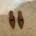 Women's soft leather slippers with a semi-toe box design in dark brown colour