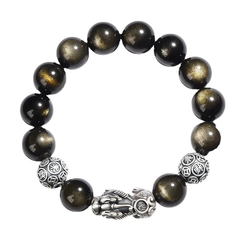 Men's natural obsidian and S999 sterling silver bracelet with geometric design