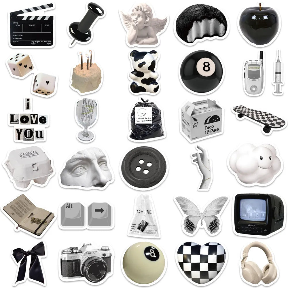 61 black and white simple style PVC vinyl stickers for laptops and phones.