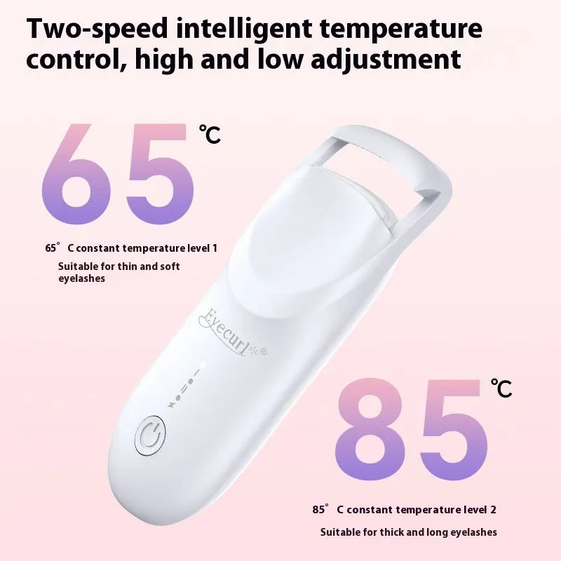 Electric USB-rechargeable eyelash curler in cream white, pink, and apricot colour options.