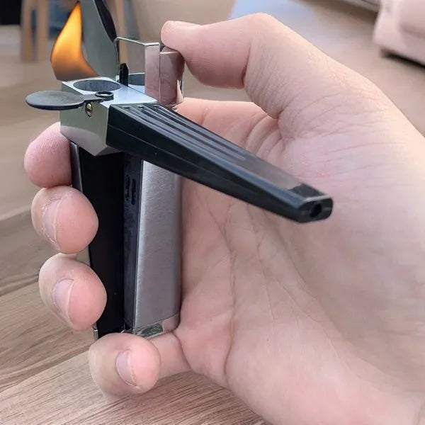 Foldable metal pipe lighter showing stash compartment and lighter mechanism in zinc alloy construction