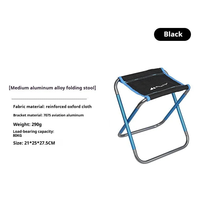 Black folding camp stool with aluminium alloy frame, shown in folded and open positions.