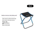 Black folding camp stool with aluminium alloy frame, shown in folded and open positions.