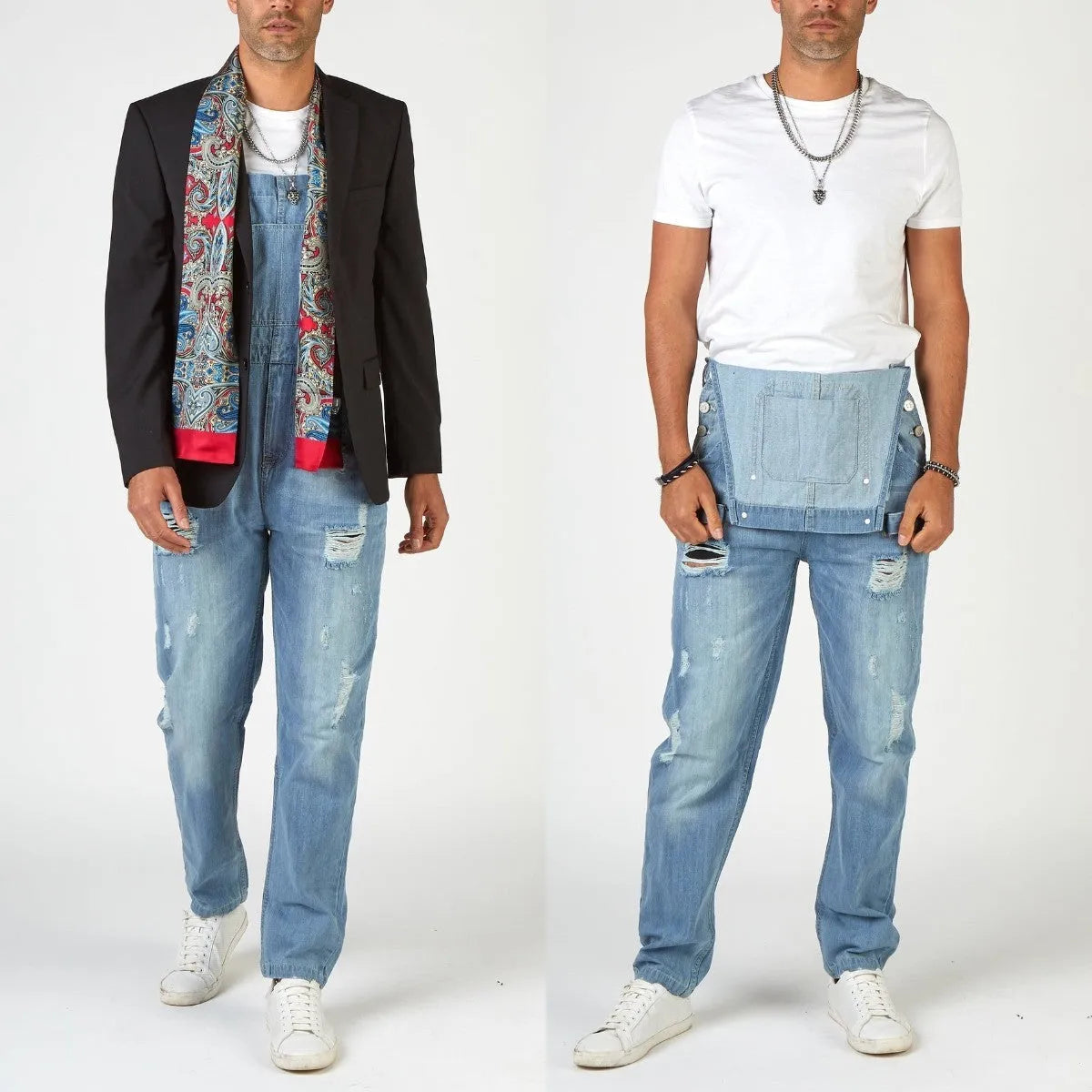 Light blue ripped denim suspender jeans for men on a hanger, showing high waist and button fastenings.