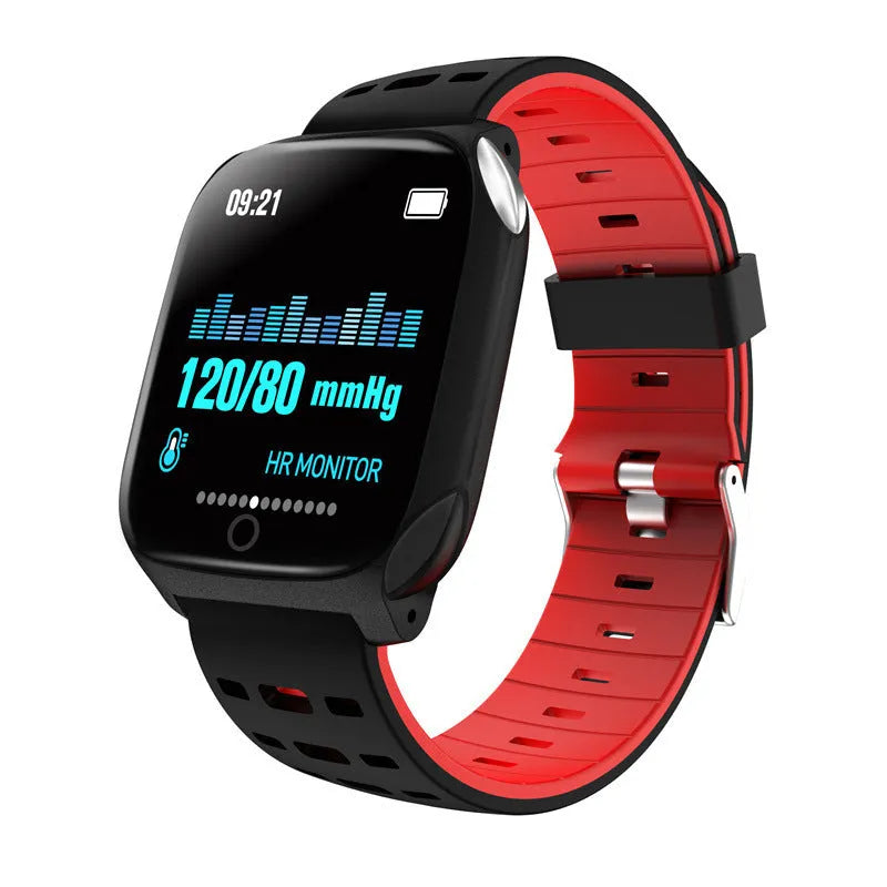 F16 smart watch with ECG and blood pressure monitoring on wrist, showing black and grey colour variant.