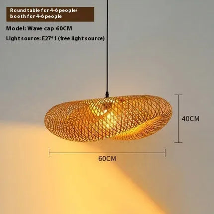 Woven bamboo straw hat-shaped hanging lamp chandelier in natural material showing textured ceiling pendant light fixture