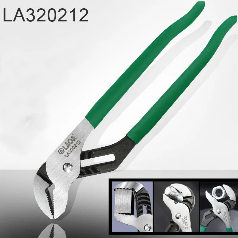Multi-functional adjustable water pipe wrench in chrome vanadium steel on a workbench.