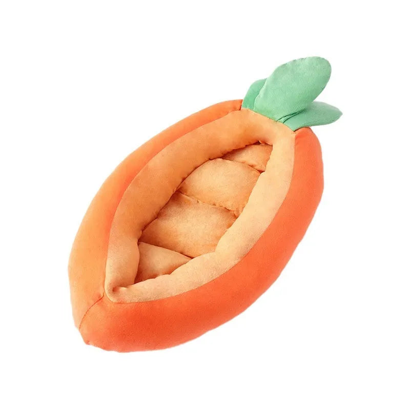 Carrot-patterned double-sided dog mattress with a removable zip-off cloth cover.