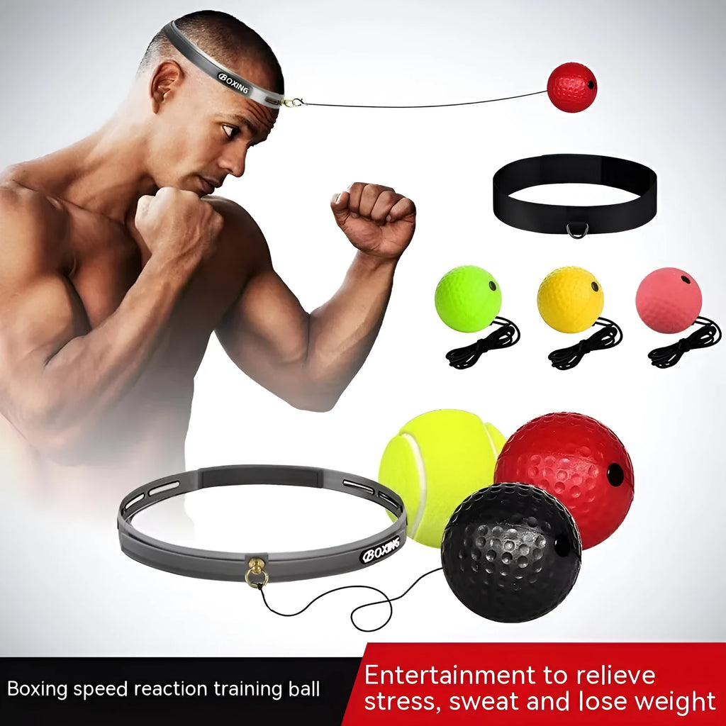 Head-mounted boxing reaction training ball set with PU balls, rubber ball and two headbands on a neutral background.