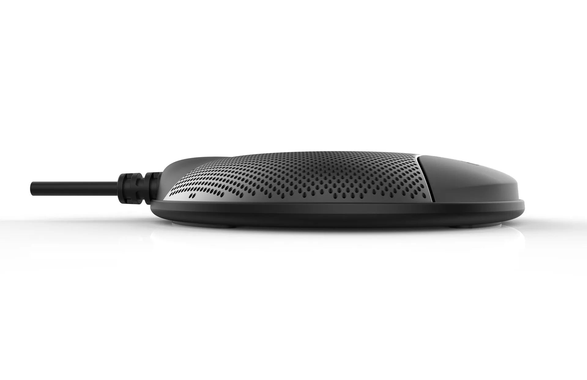 Black USB condenser microphone for computer conferencing and gaming measuring 9x9x1.7cm