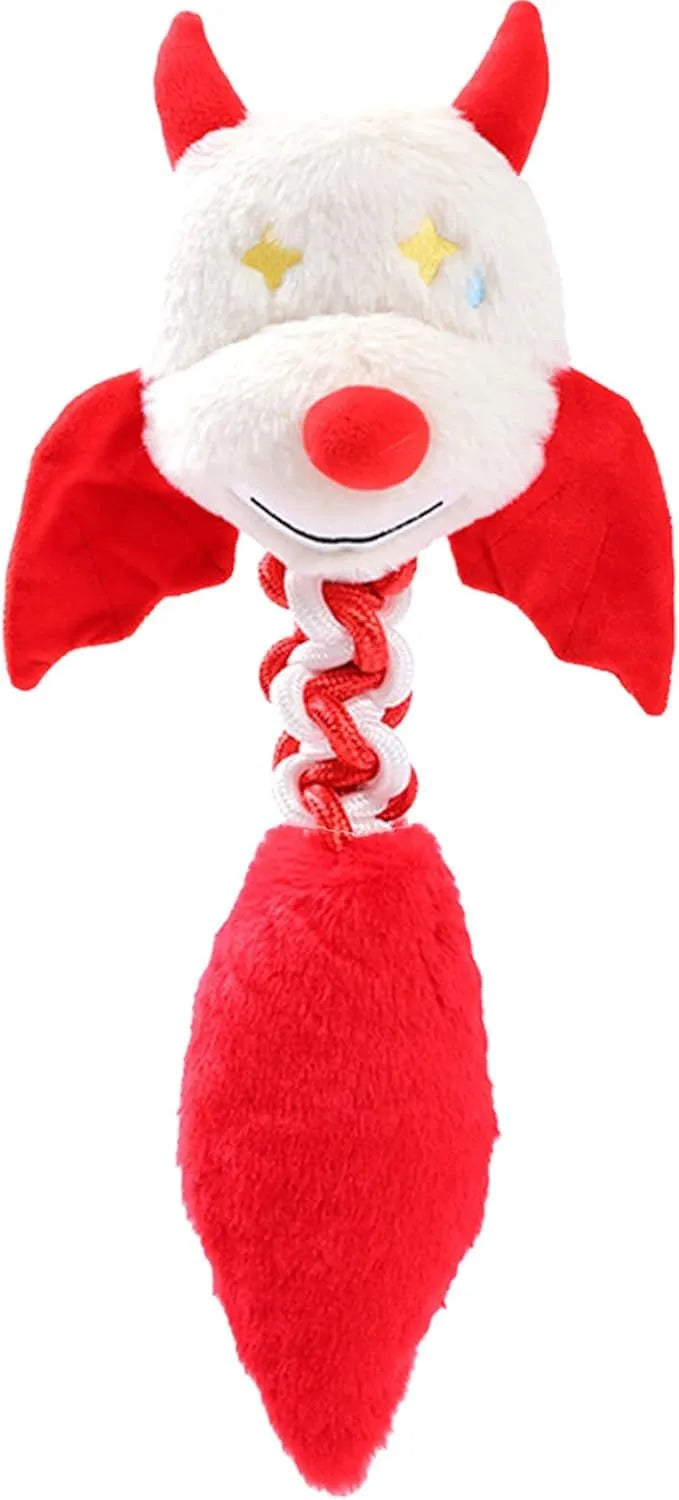 Soft rabbit fleece plush dog toy with a rope knot, in red, green, or black, shown with a dog.