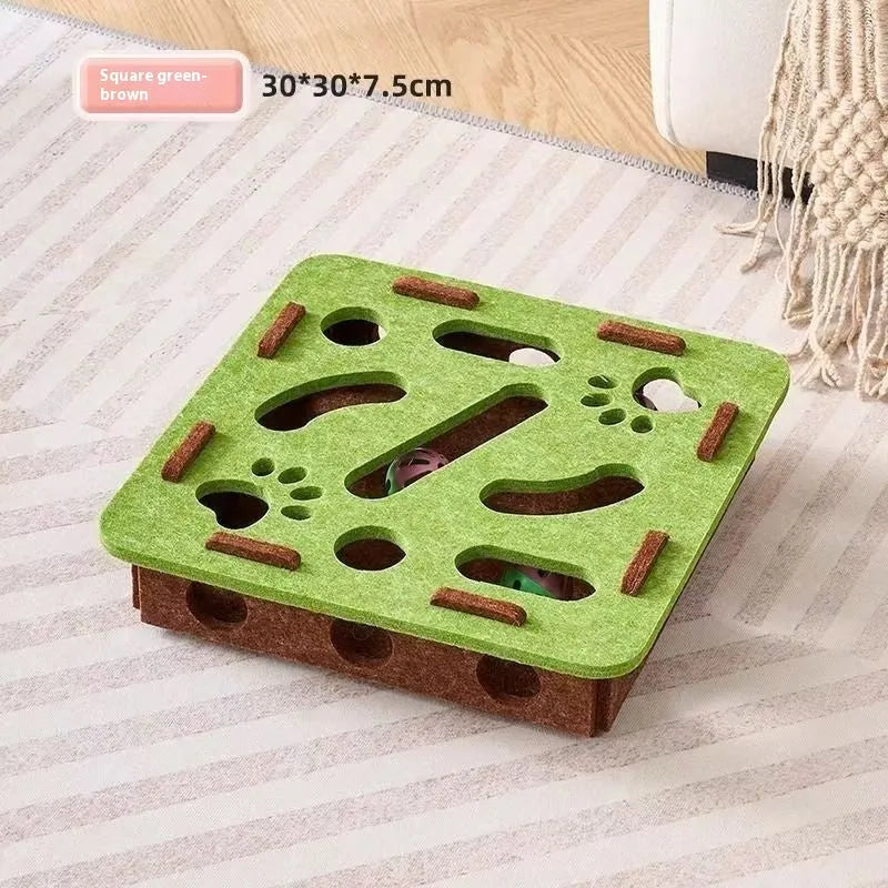 Square felt box cat toy for scratching and play, shown in green brown colour, dimensions 30x30x7.5cm.