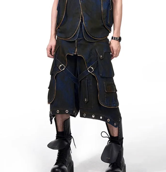 Blue denim-style hooded vest coat with matching trousers laid flat as a two-piece set.