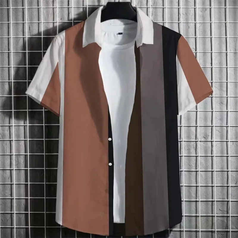 A linen men's striped short sleeve T-shirt with a 3D printed graphic, shown on a hanger.