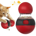 Plastic rotating cat toy with a Super Ball coloured food-dropping component on a white background.