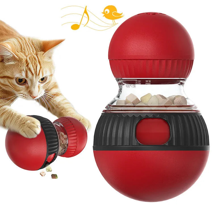 Rotating plastic cat food ball toy with super ball design showing sound effects feature