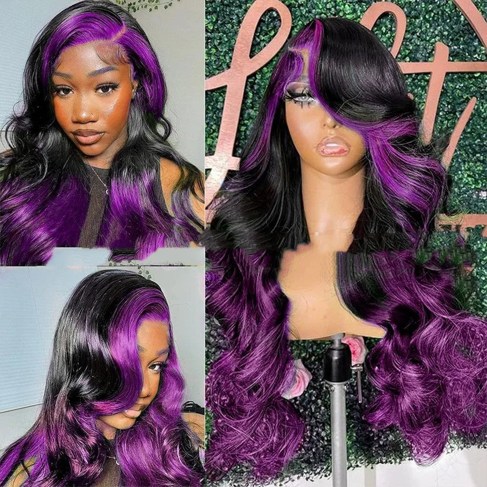 Gradient purple human hair wig with 13x6 lace front shown in Ruili style
