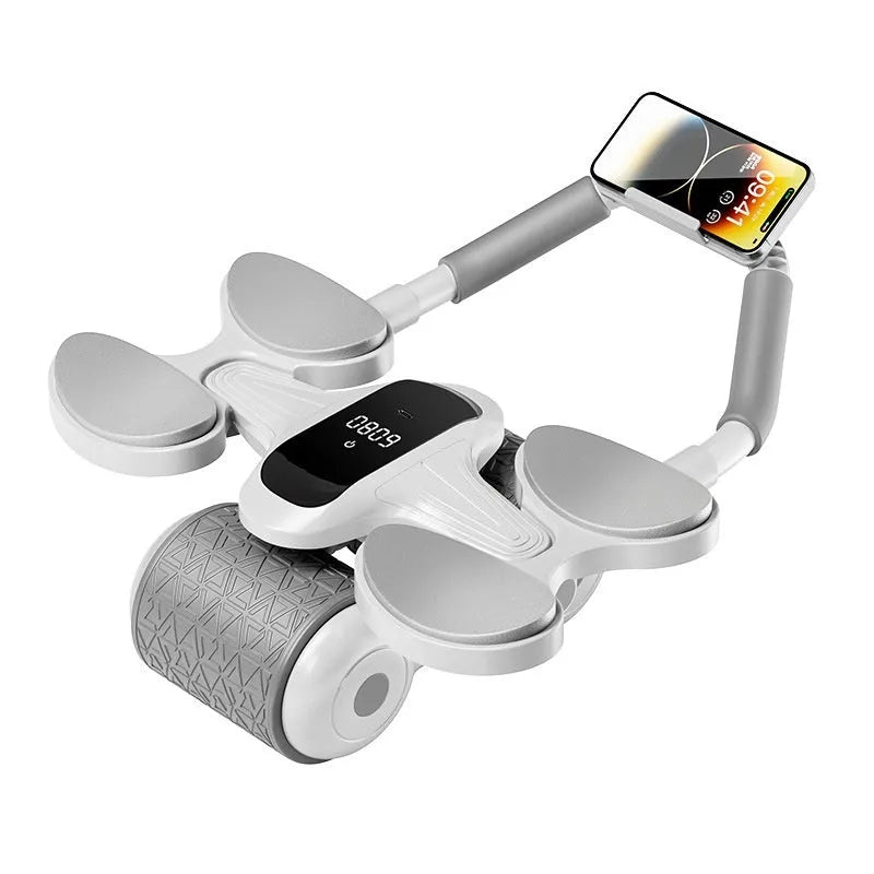 White belly roller fitness equipment with LED timing screen for abdominal contraction exercises