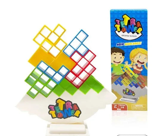Plastic balance stacking game with colourful building blocks on chassis for family play