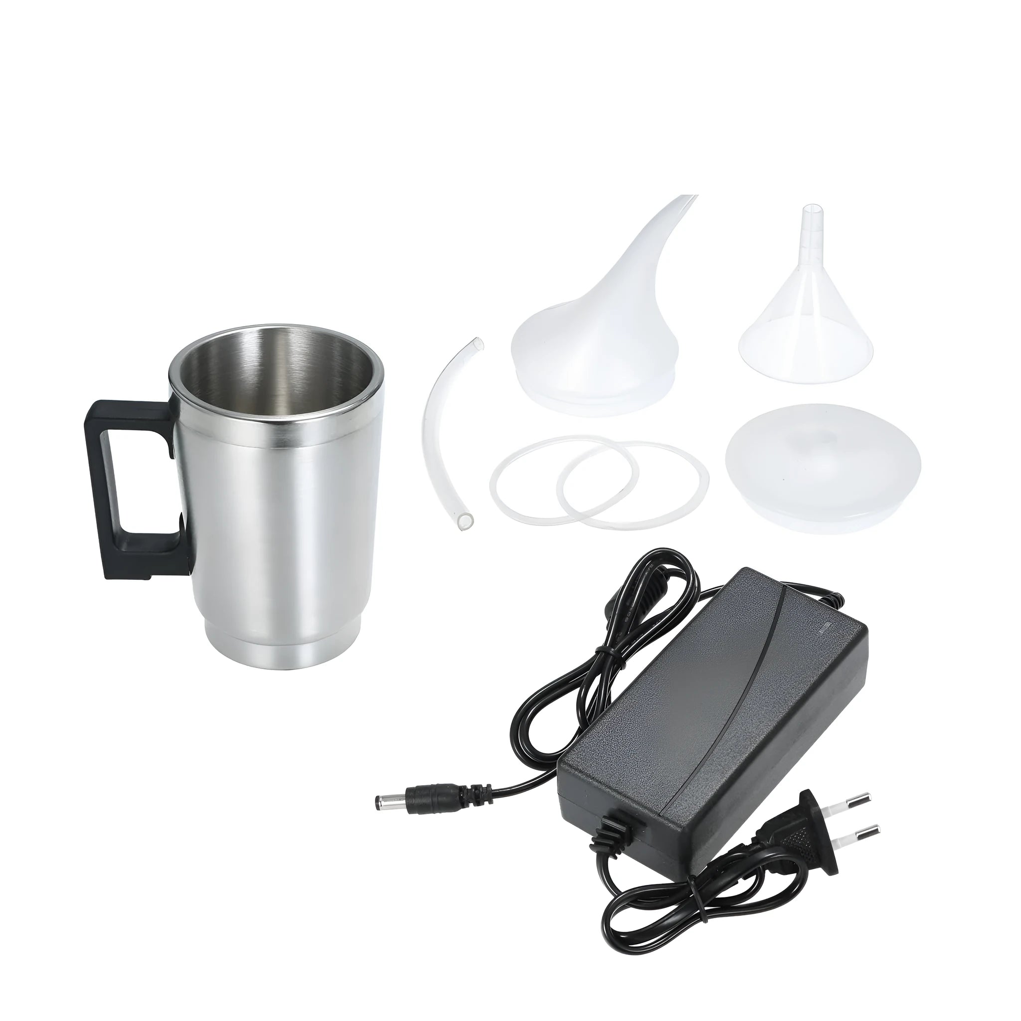 Automobile headlamp renovation kit showing stainless steel polishing cups and power adapters for GB/US and European plugs.