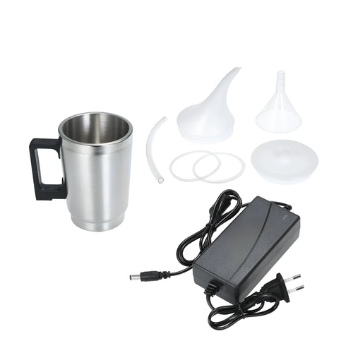 Automobile headlamp renovation kit showing stainless steel polishing cups and power adapters for GB/US and European plugs.