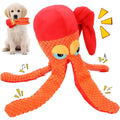Orange octopus plush dog chew toy with tentacles for dental cleaning and hidden squeaker